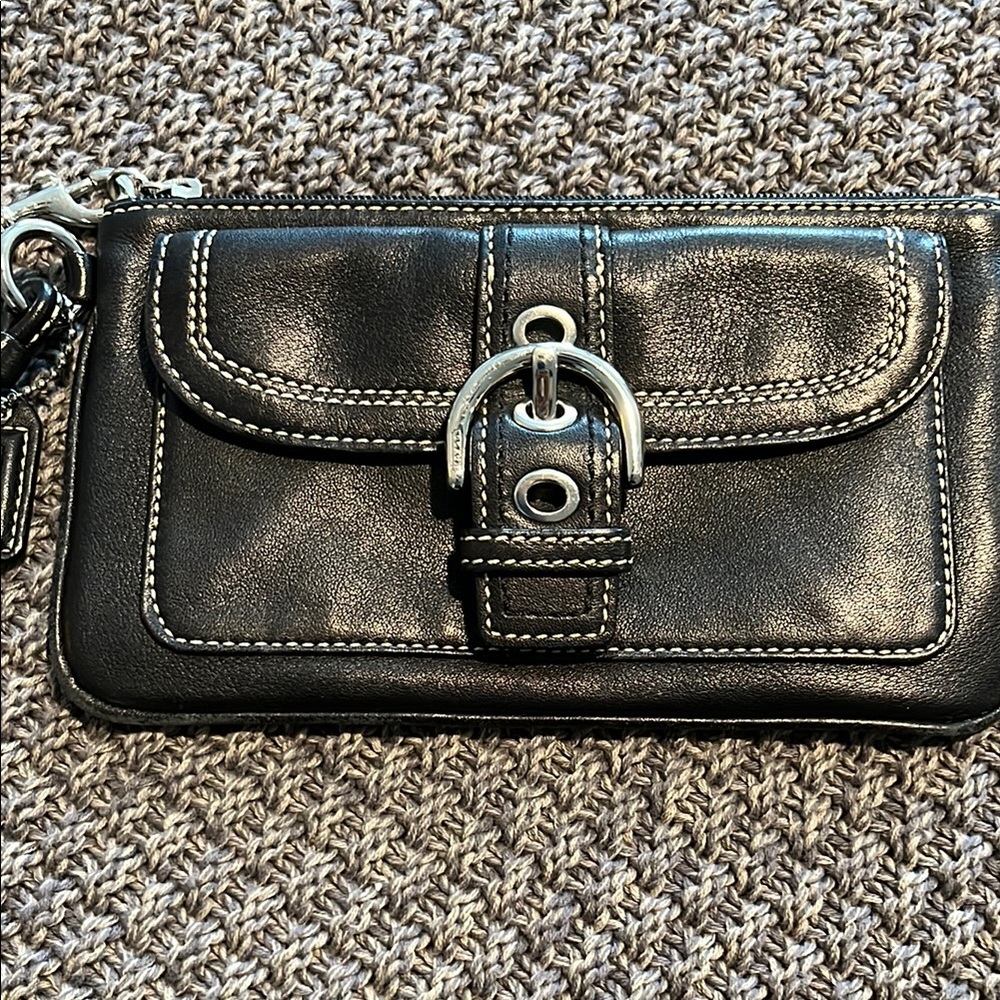 Coach Black Leather Wristlet with Silver Buckle